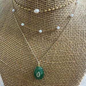 Elegant Gold and Green Layered Necklace with Pearls